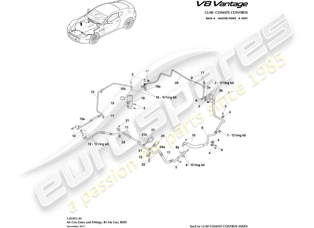 aston martin v8 vantage (2018) linee di aria condizionata, gas r134a, diagramma delle parti con guida a destra