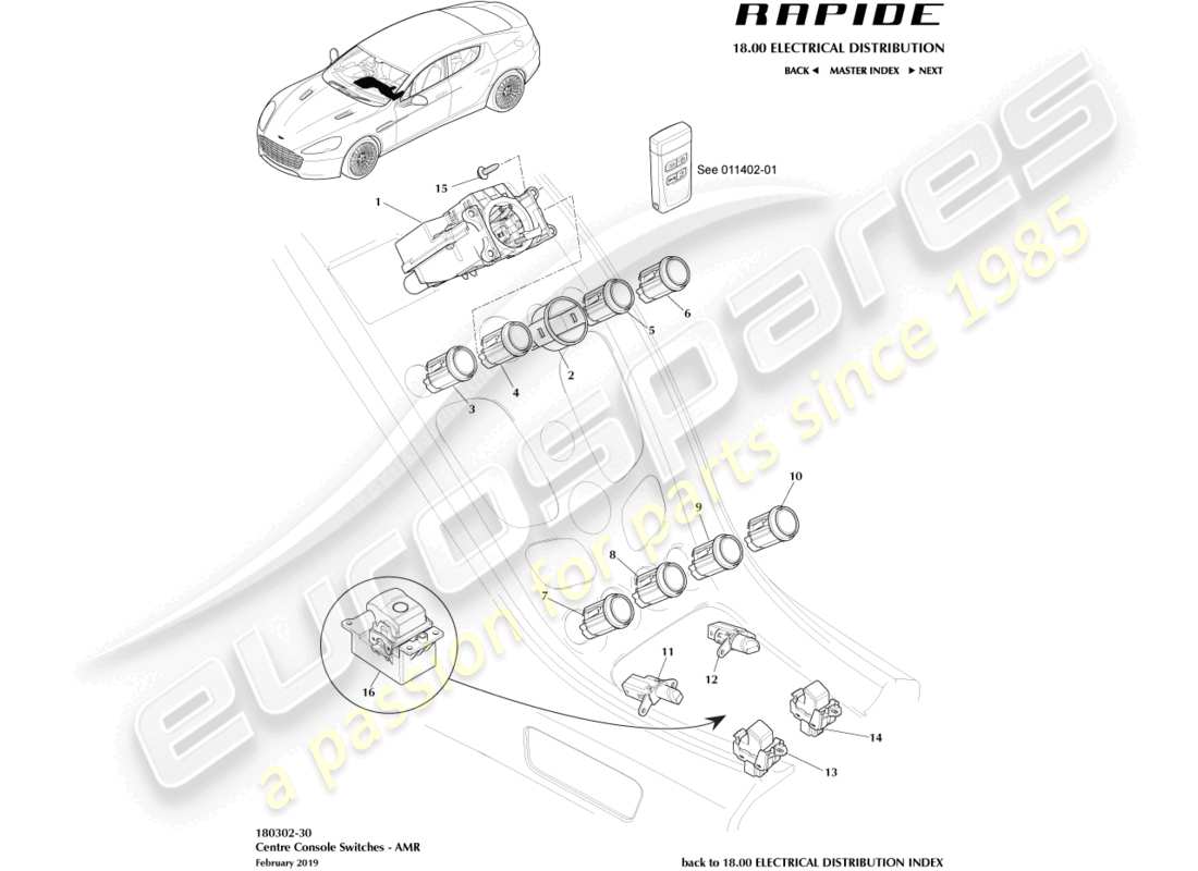 aston martin rapide (2011) interruttori della console centrale, amr diagramma delle parti