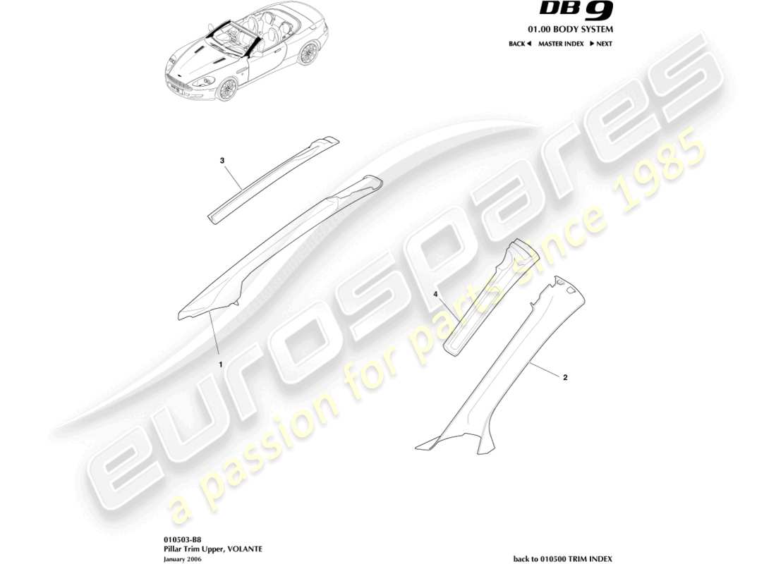 aston martin db9 (2005) säulenverkleidung, oben, volante teilediagramm