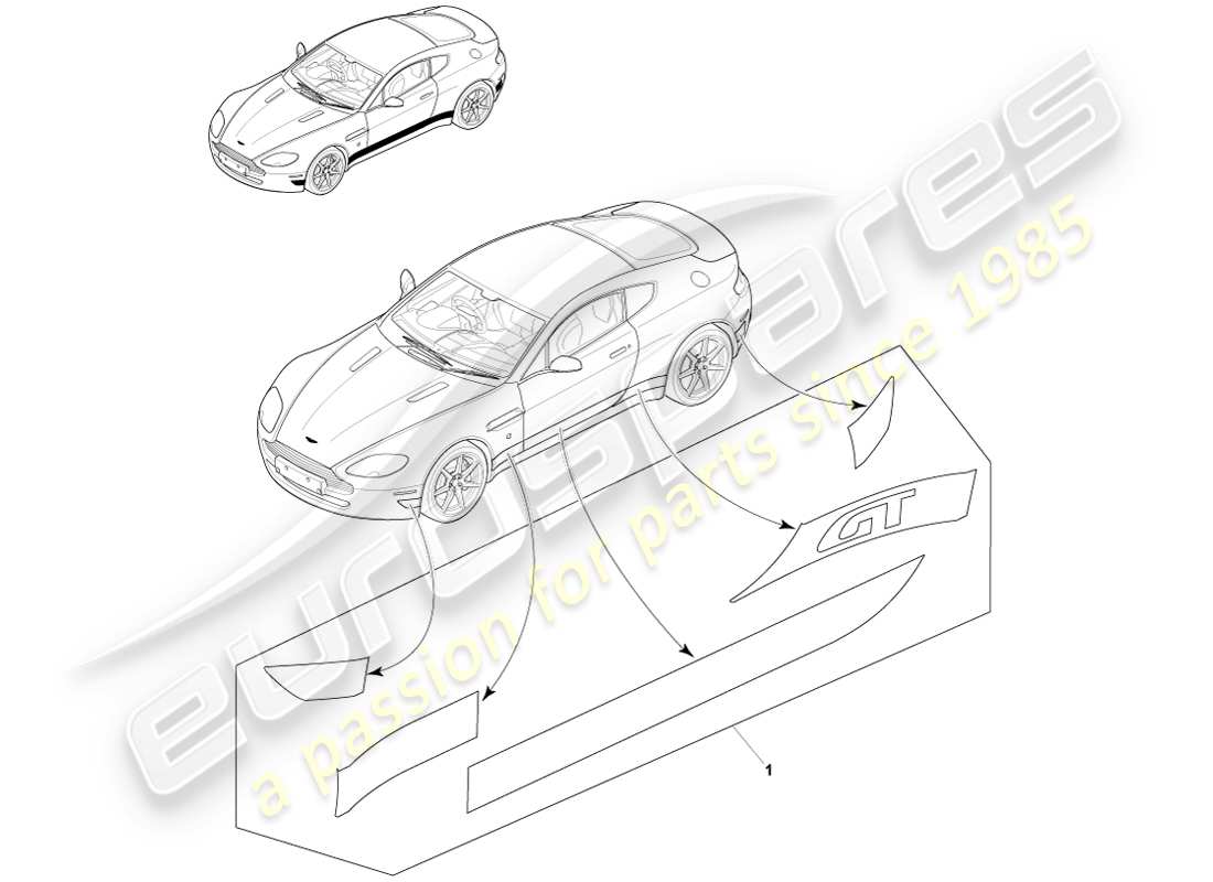 aston martin v8 vantage (2007) finiture della carrozzeria in vinile, diagramma delle parti gt