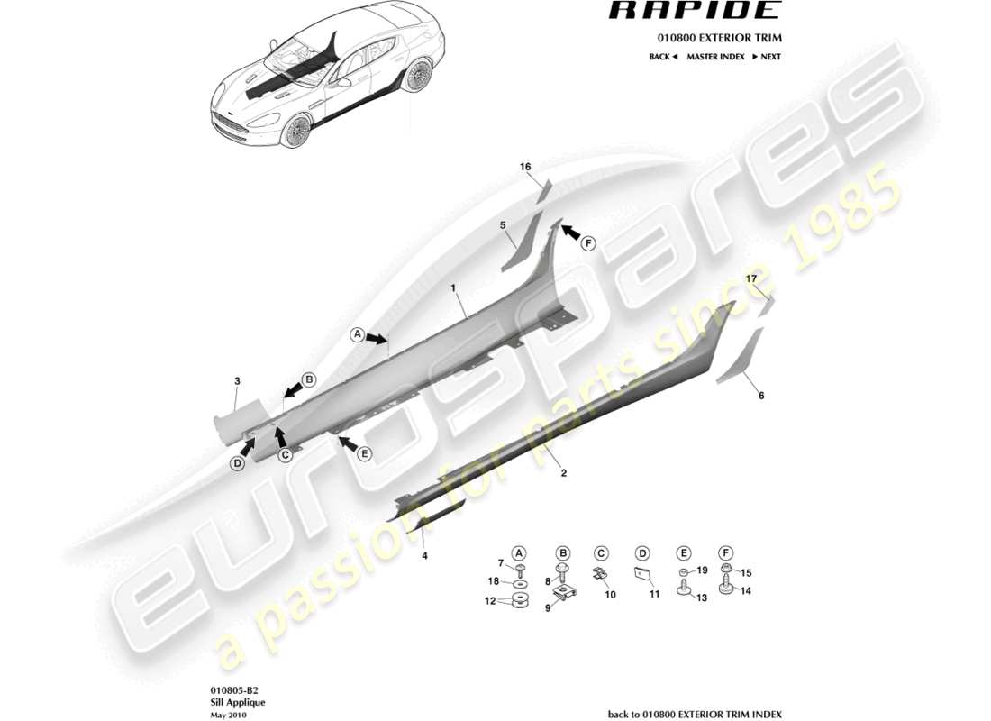 aston martin rapide (2010) applicazione sul davanzale diagramma delle parti