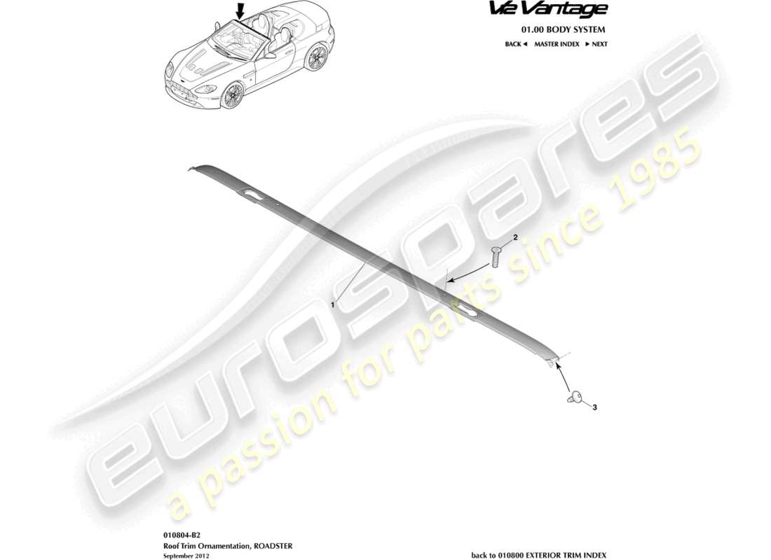 aston martin v12 vantage (2011) rivestimento del tetto, diagramma delle parti della roadster