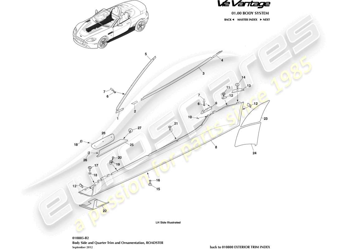 aston martin v12 vantage (2011) schema delle parti della carrozzeria e del quartiere, schema delle parti della roadster
