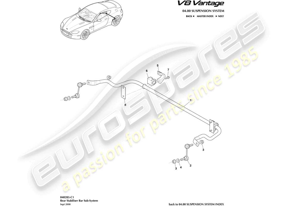 aston martin v8 vantage (2006) diagramma delle parti della barra stabilizzatrice posteriore