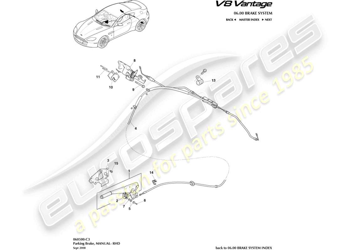 aston martin v8 vantage (2006) freno di stazionamento, schema delle parti con guida a destra