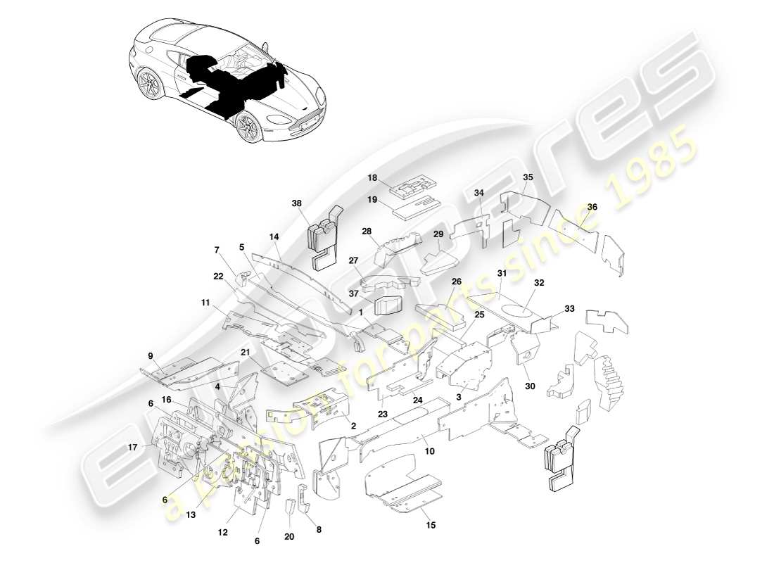 aston martin v8 vantage (2005) isolamento carrozzeria, diagramma delle parti con guida a sinistra