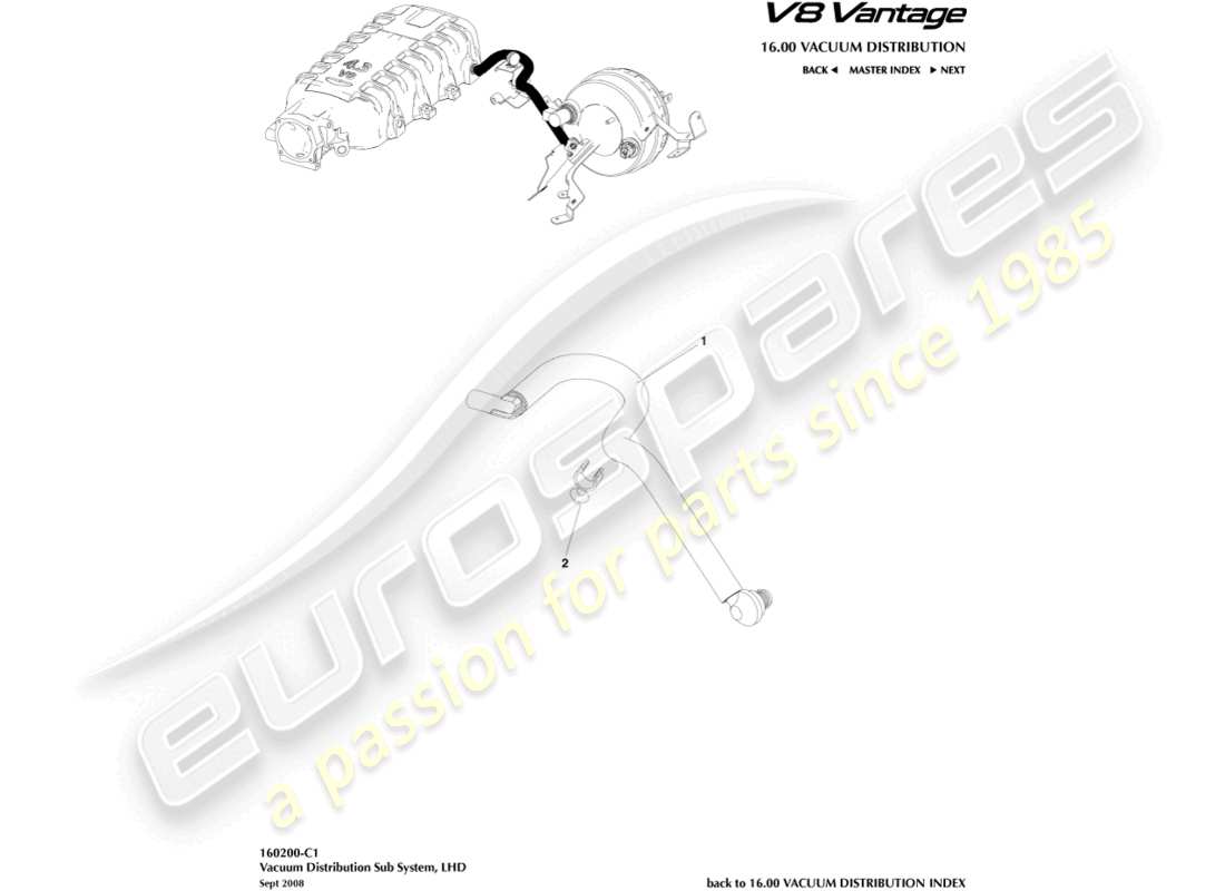 aston martin v8 vantage (2006) tubo del vuoto, diagramma delle parti con guida a sinistra