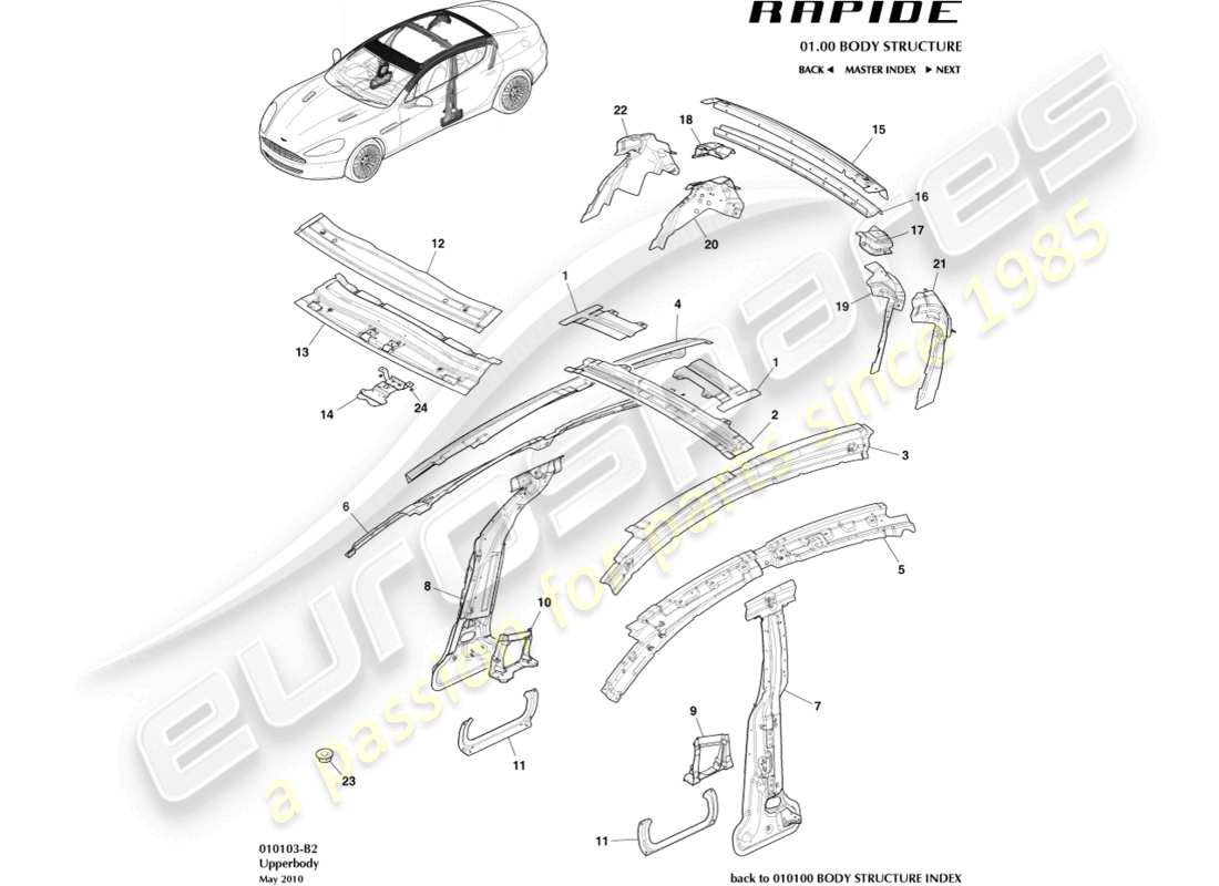 aston martin rapide (2013) oberkörperrahmen teilediagramm
