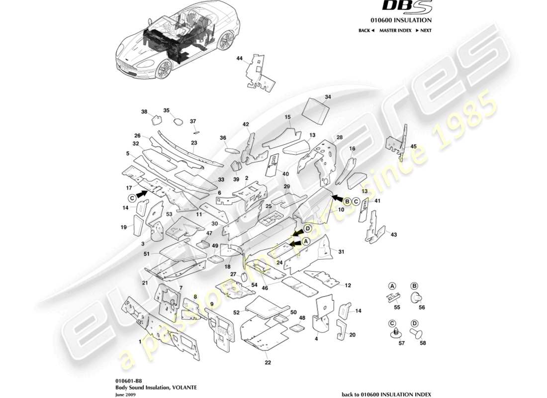 aston martin dbs (2008) isolamento del corpo, volante diagramma delle parti