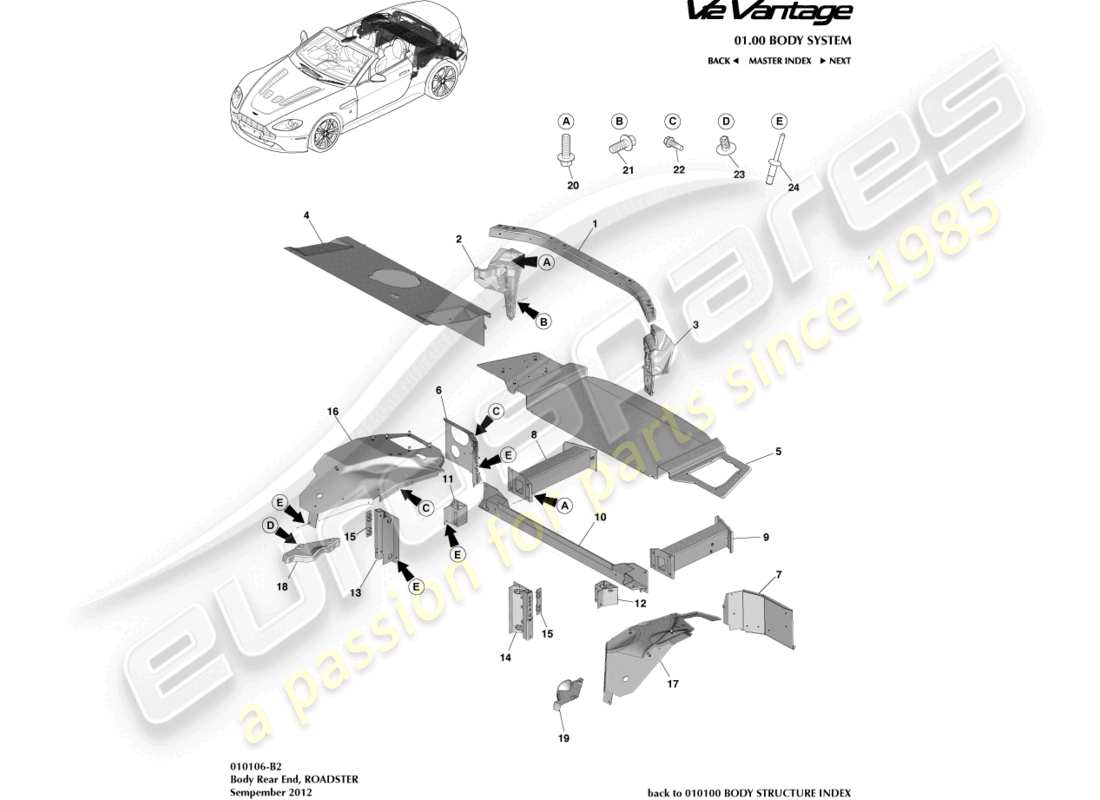 aston martin v12 vantage (2010) parte posteriore della carrozzeria, diagramma delle parti della roadster