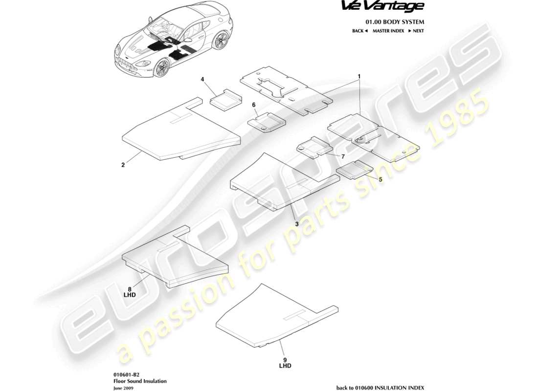 aston martin v12 vantage (2010) diagramma delle parti dell'isolamento acustico del pavimento