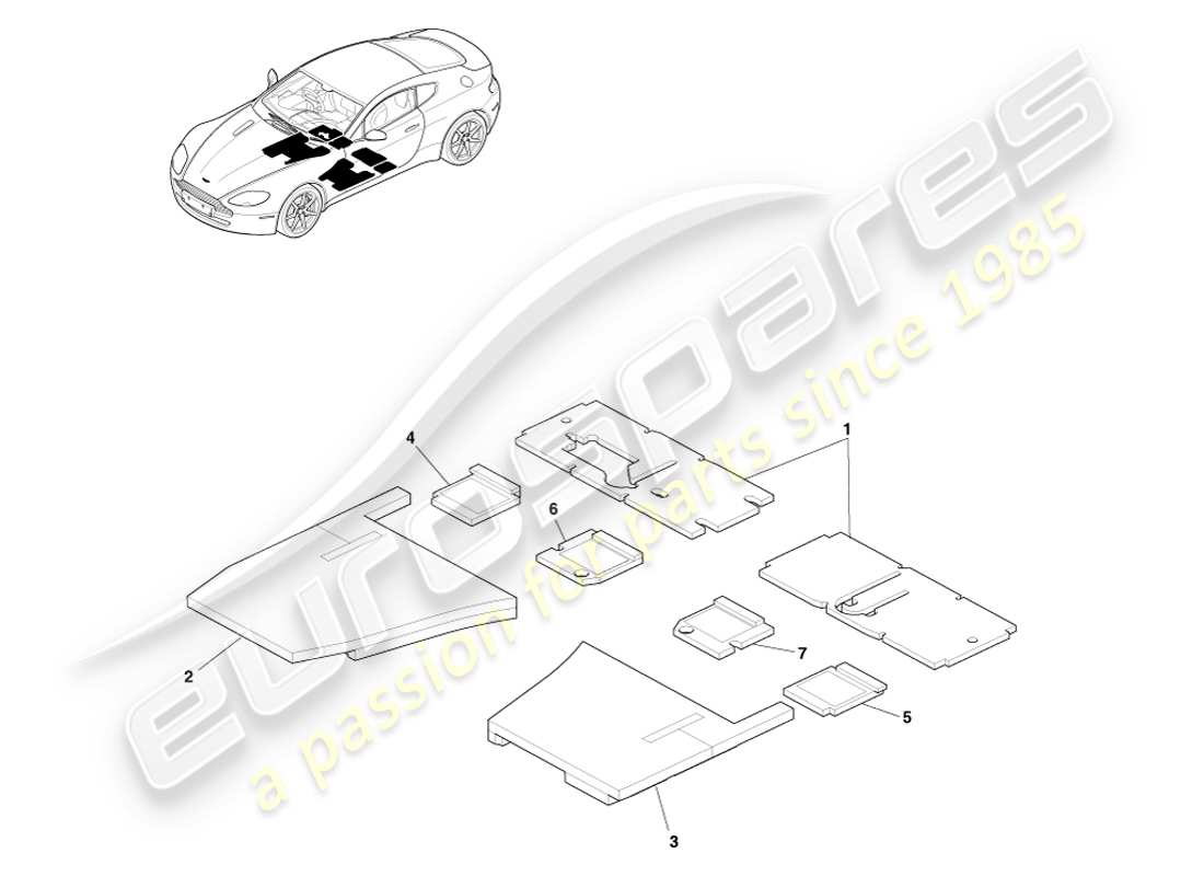 aston martin v8 vantage (2005) isolamento acustico del pavimento, diagramma delle parti con guida a destra