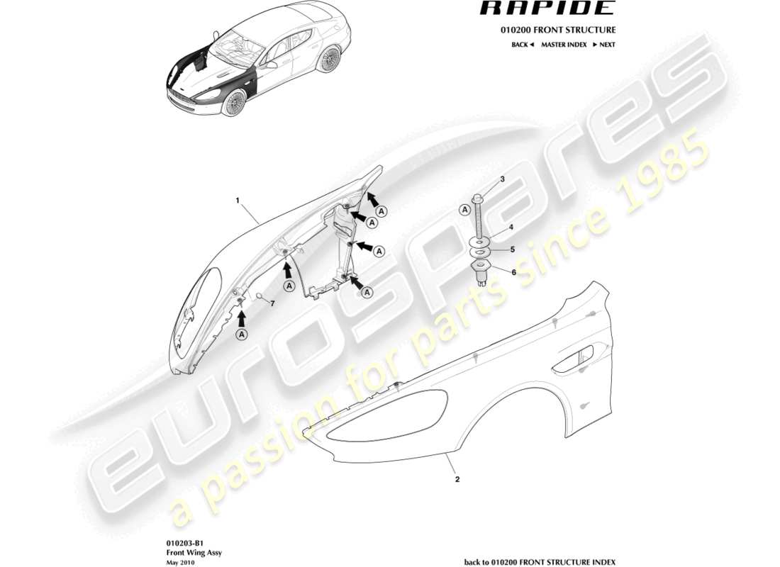 aston martin rapide (2012) diagramma delle parti delle ali anteriori