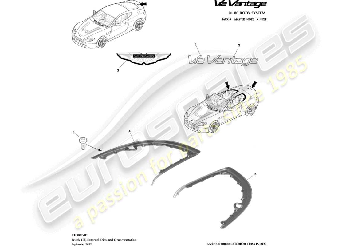 aston martin v12 vantage (2010) diagramma delle parti del rivestimento del coperchio del bagagliaio