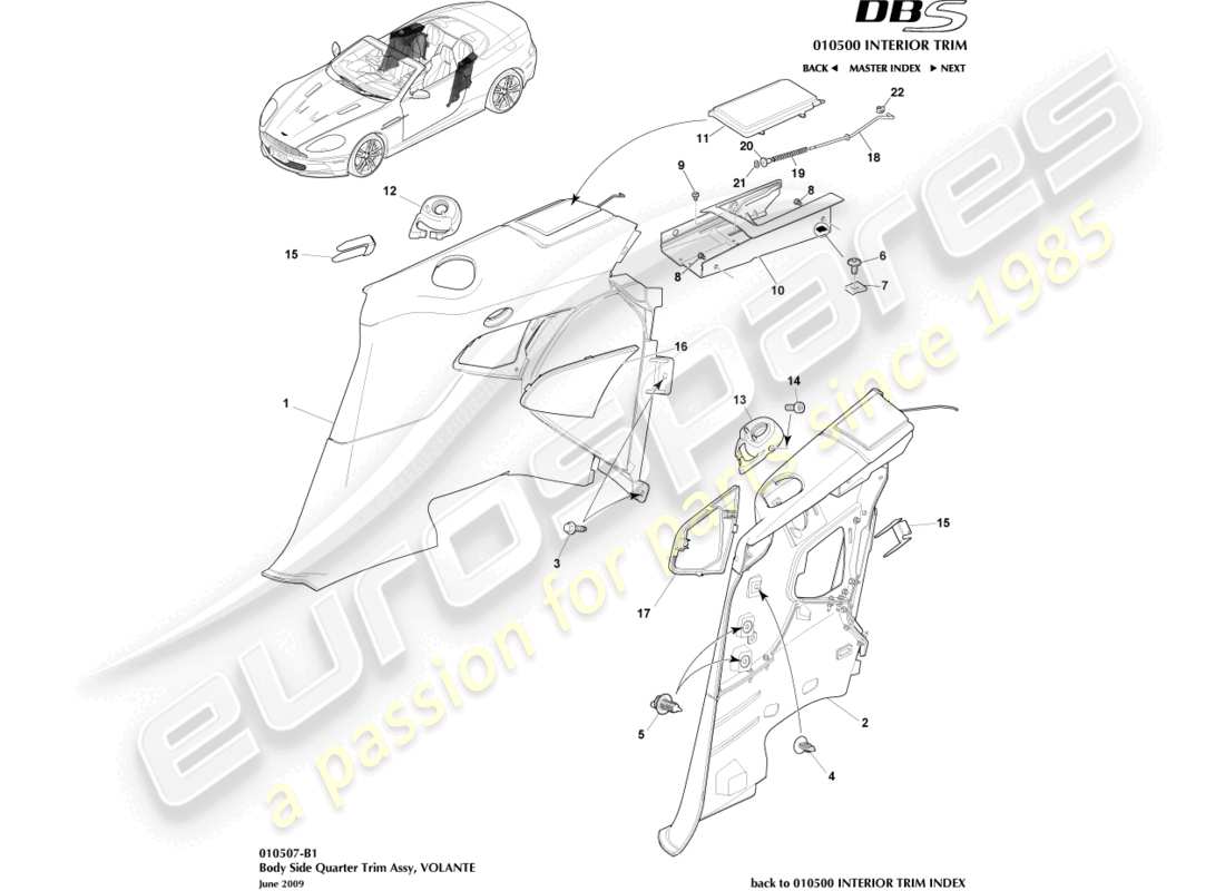 aston martin dbs (2009) finitura laterale laterale del corpo, volante diagramma delle parti