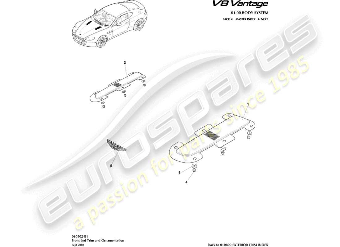 aston martin v8 vantage (2006) diagramma delle parti del rivestimento della parte anteriore