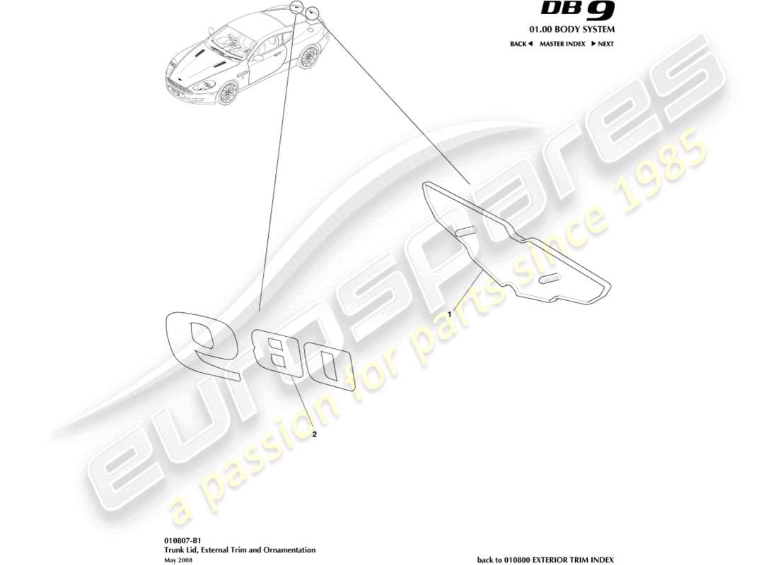 aston martin db9 (2007) rivestimento del coperchio del bagagliaio, diagramma delle parti del coupé