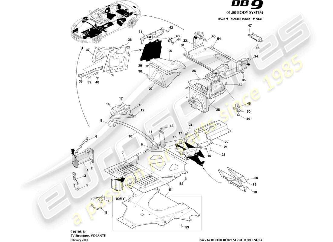 aston martin db9 (2009) ev-struktur, volante teilediagramm