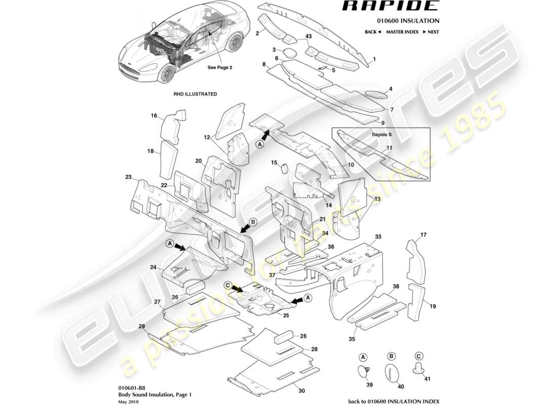 aston martin rapide (2011) isolamento acustico, parte anteriore diagramma delle parti