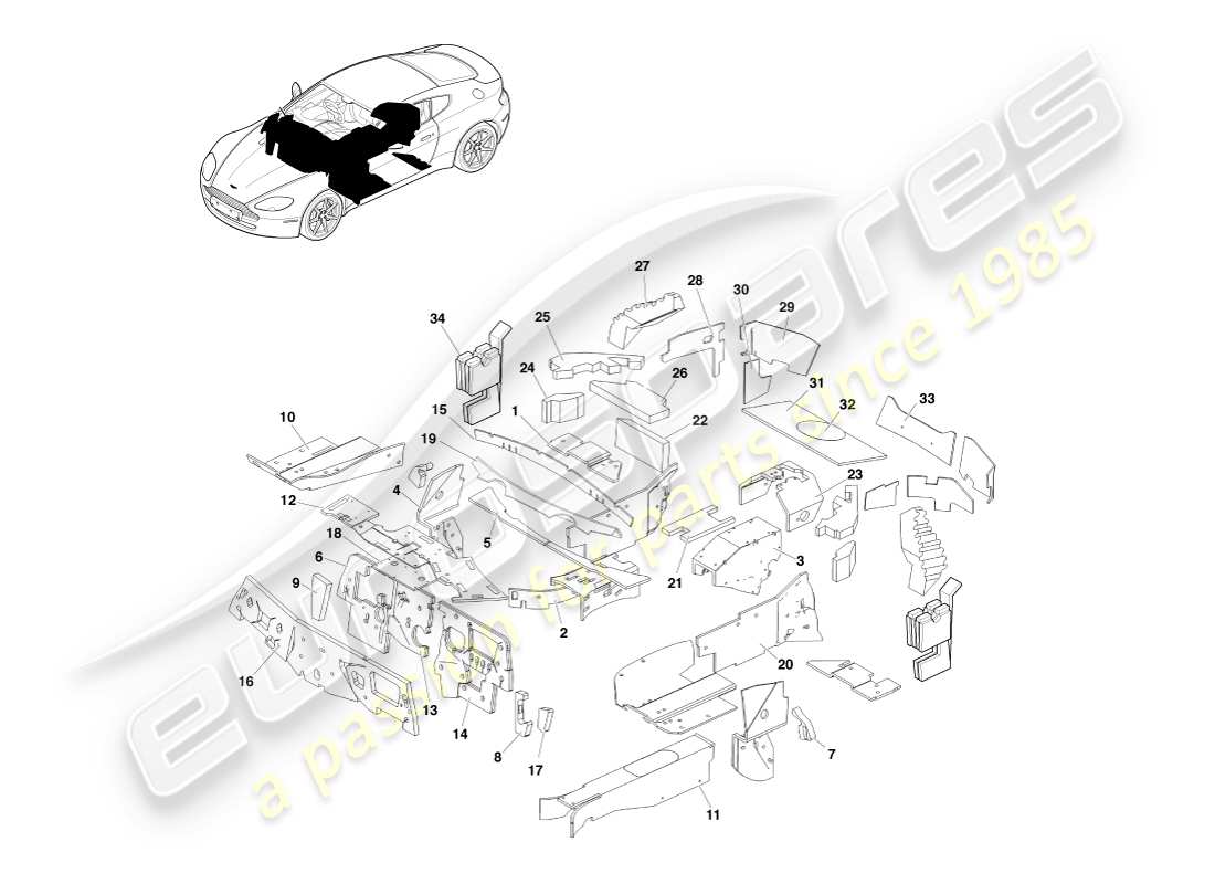 aston martin v8 vantage (2005) isolamento del corpo, diagramma delle parti con guida a destra
