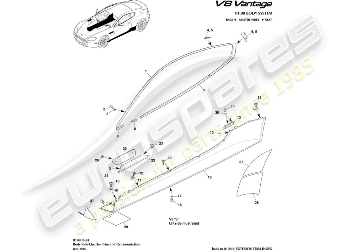 aston martin v8 vantage (2012) schema della parte della carrozzeria e del quarto, diagramma delle parti della coupé