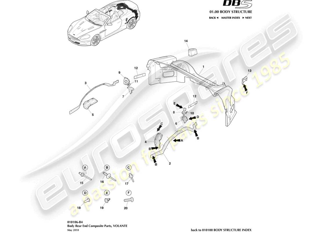 aston martin dbs (2010) karosserie-heckteil aus verbundwerkstoff, volante teilediagramm