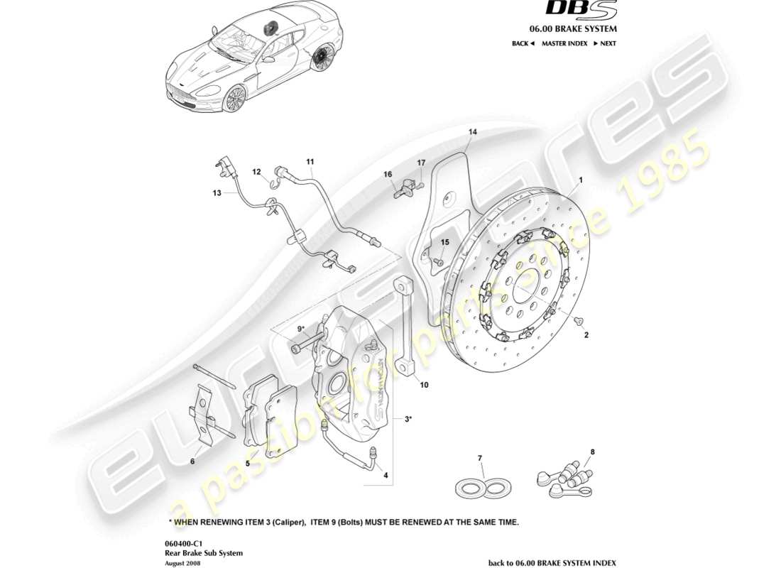 aston martin dbs (2010) sistema frenante posteriore diagramma delle parti