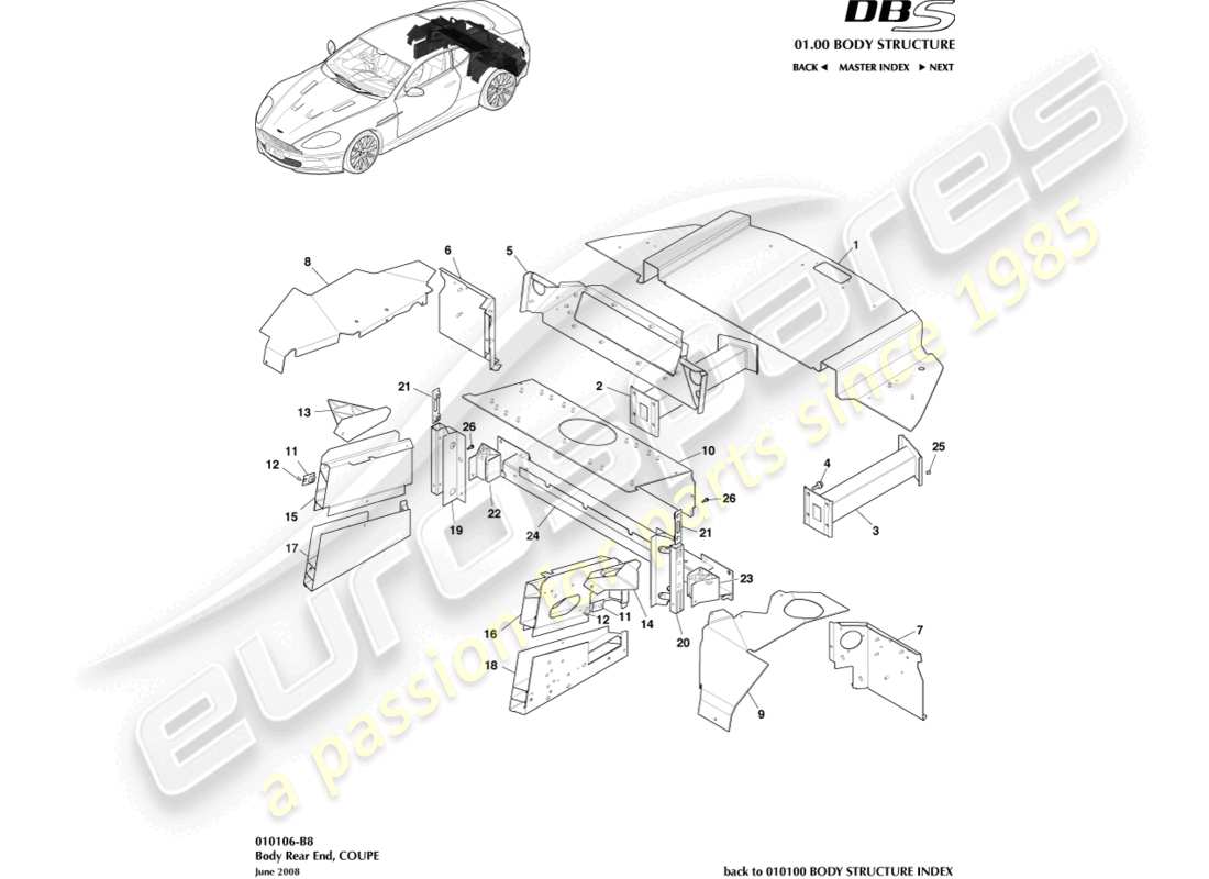 aston martin dbs (2013) parte posteriore della carrozzeria, coupé diagramma delle parti
