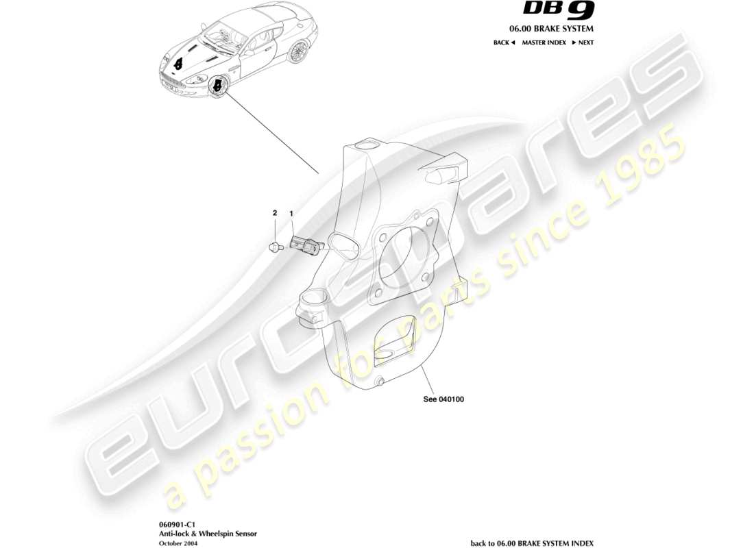 aston martin db9 (2006) sensore antibloccaggio e rotazione delle ruote diagramma delle parti