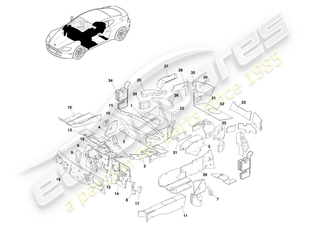 aston martin v8 vantage (2007) isolamento del corpo, diagramma delle parti con guida a destra