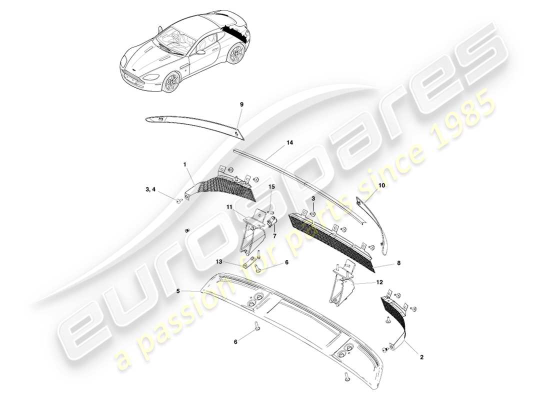 aston martin v8 vantage (2007) diagramma delle parti del rivestimento dell'estremità posteriore del corpo