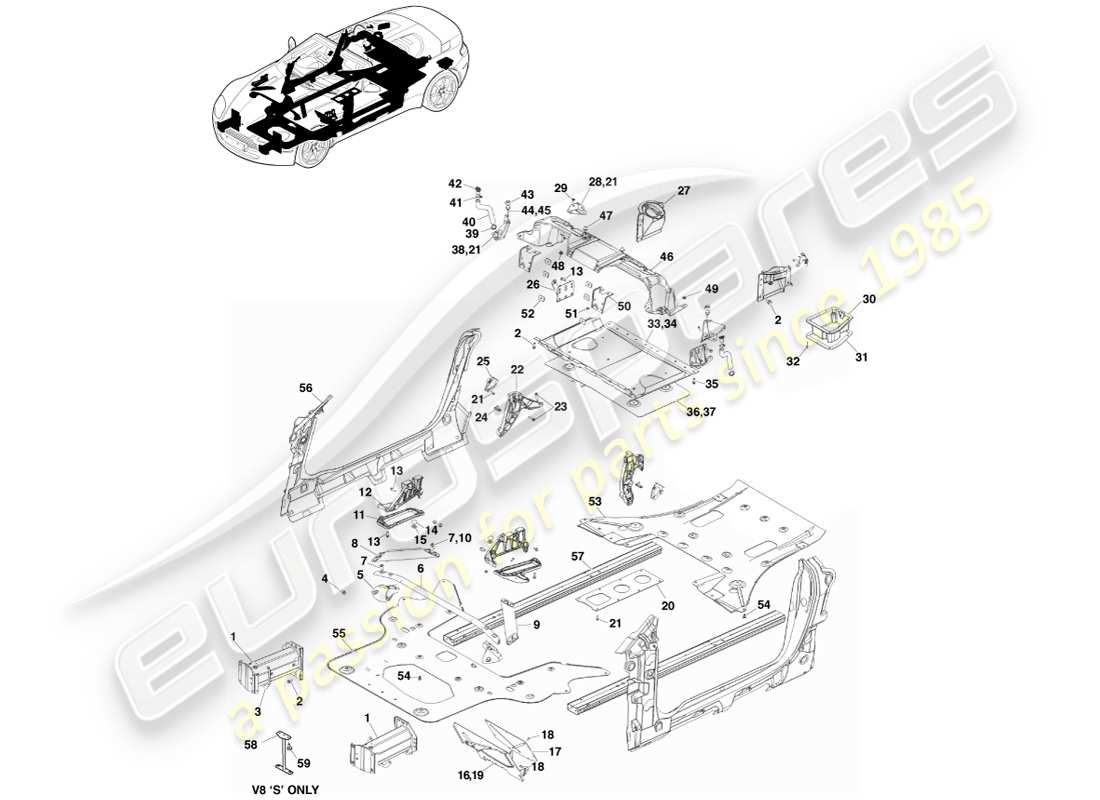 aston martin v8 vantage (2005) componenti della carrozzeria, diagramma delle parti della roadster