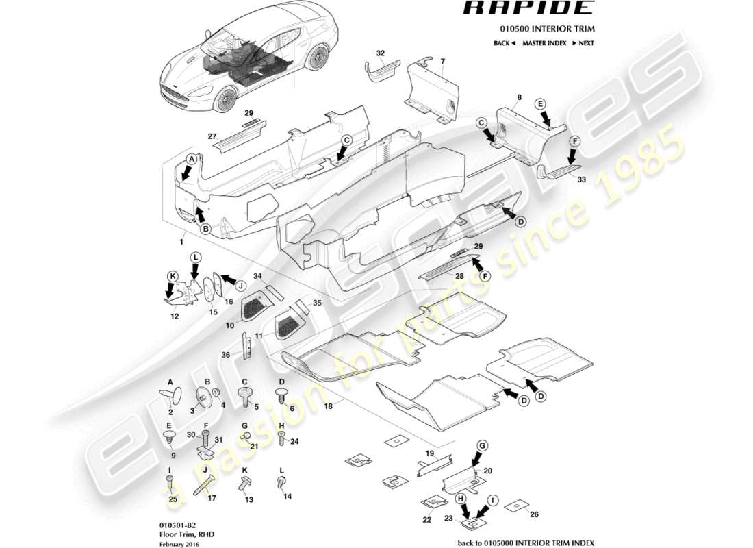 aston martin rapide (2014) rivestimento del pavimento principale, guida a destra diagramma delle parti
