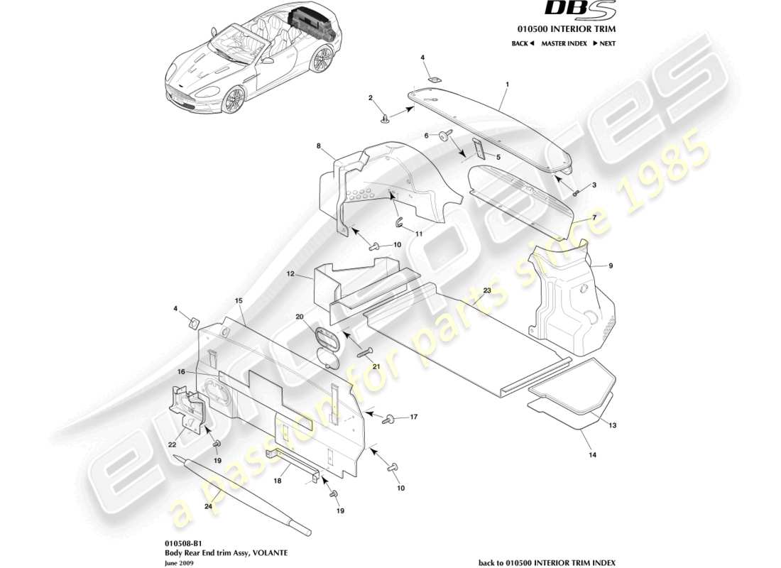 aston martin dbs (2013) rivestimento dell'estremità posteriore, diagramma delle parti volante