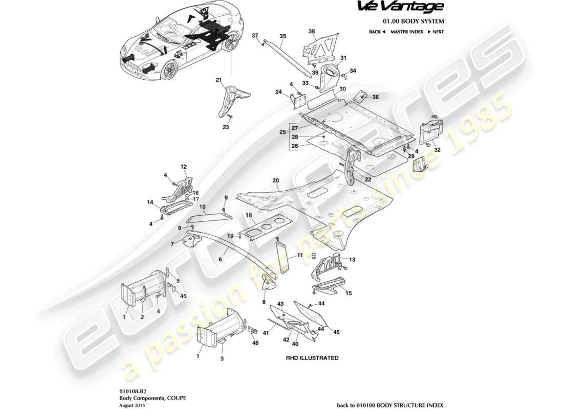 aston martin v12 vantage (2011) componenti del corpo, diagramma delle parti del coupé