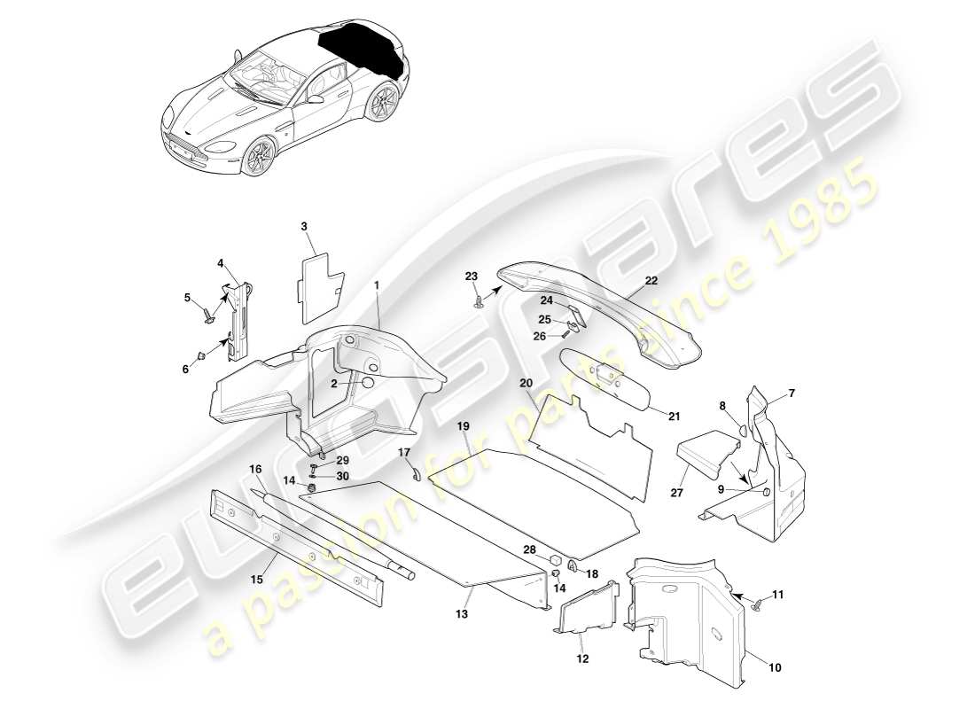 aston martin v8 vantage (2007) rivestimenti del vano di carico, diagramma delle parti della coupé