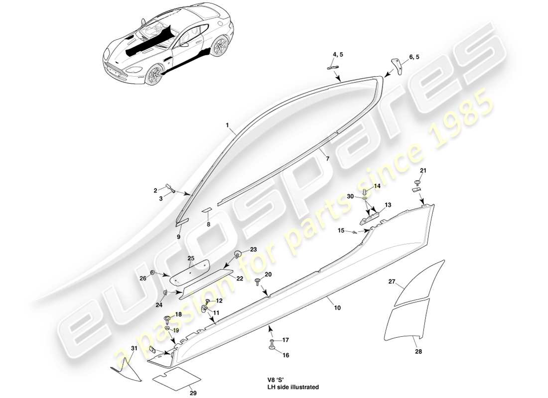 aston martin v8 vantage (2007) schema della parte della carrozzeria e del quarto, diagramma delle parti della coupé