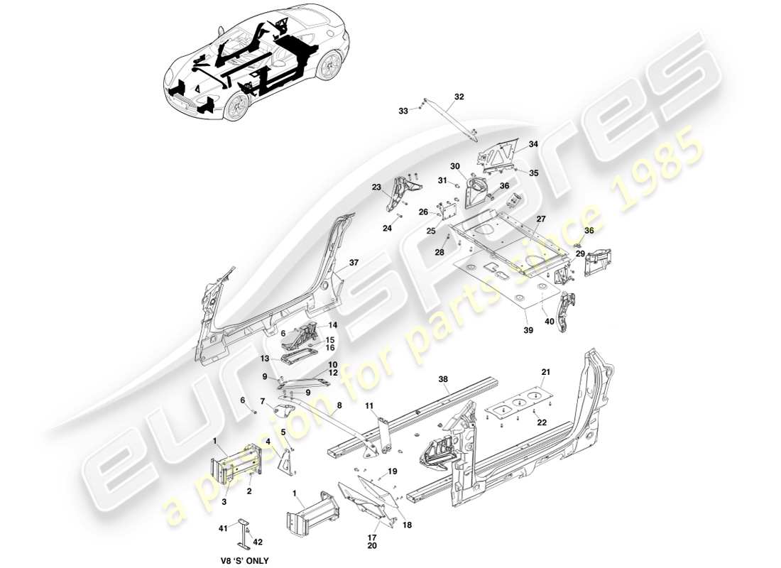 aston martin v8 vantage (2005) componenti del corpo, diagramma delle parti del coupé