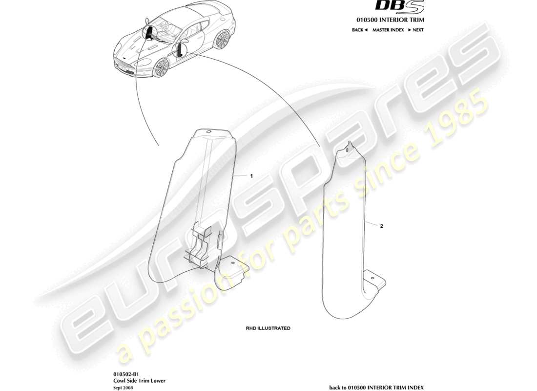 aston martin dbs (2009) rivestimento laterale del cappuccio, inferiore diagramma delle parti