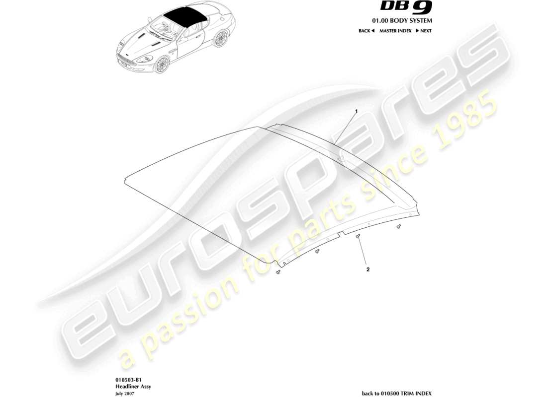 aston martin db9 (2010) diagramma delle parti del gruppo headliner