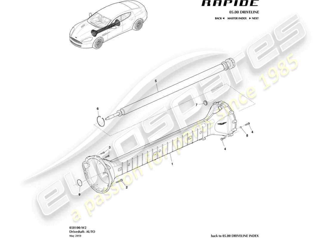 aston martin rapide (2012) drehmomentrohrbaugruppe, 6 spd teilediagramm