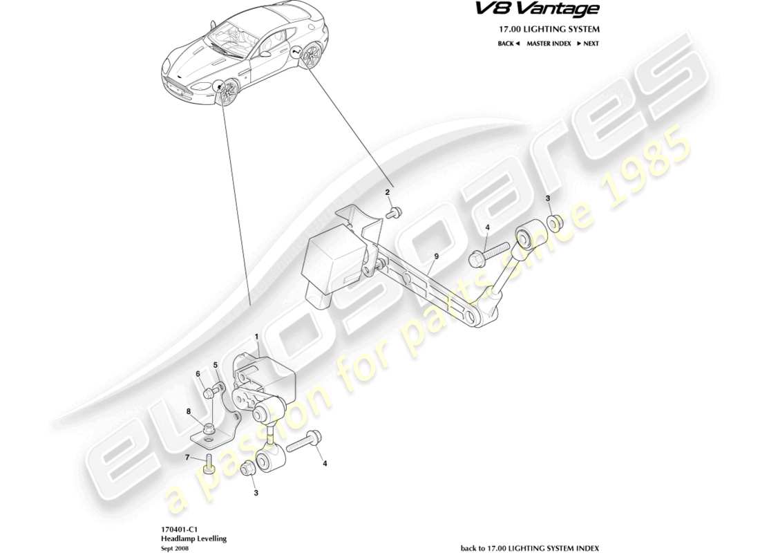 aston martin v8 vantage (2012) diagramma delle parti del livellamento dei fari