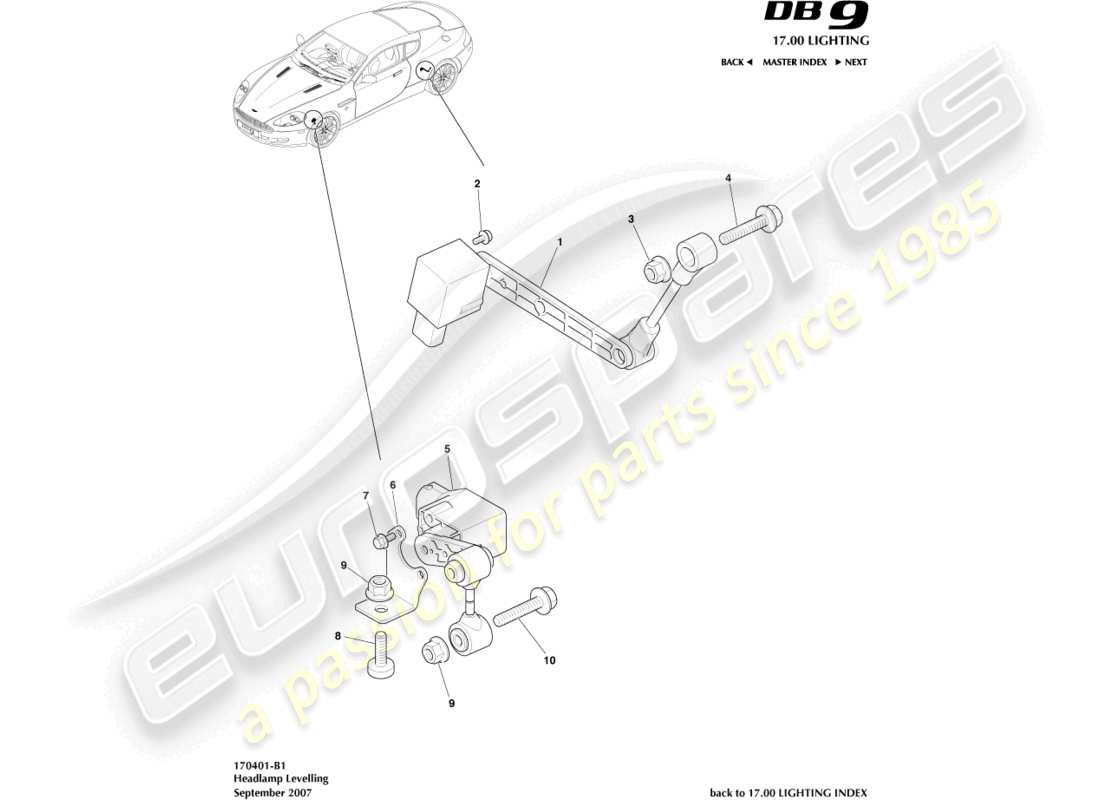 aston martin db9 (2005) livellamento dei fari diagramma delle parti