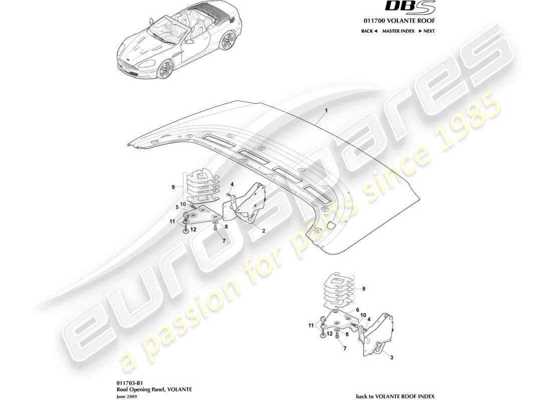 aston martin dbs (2013) diagramma delle parti del pannello di apertura del tetto