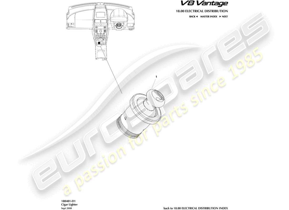 aston martin v8 vantage (2006) diagramma delle parti dell'accendisigari