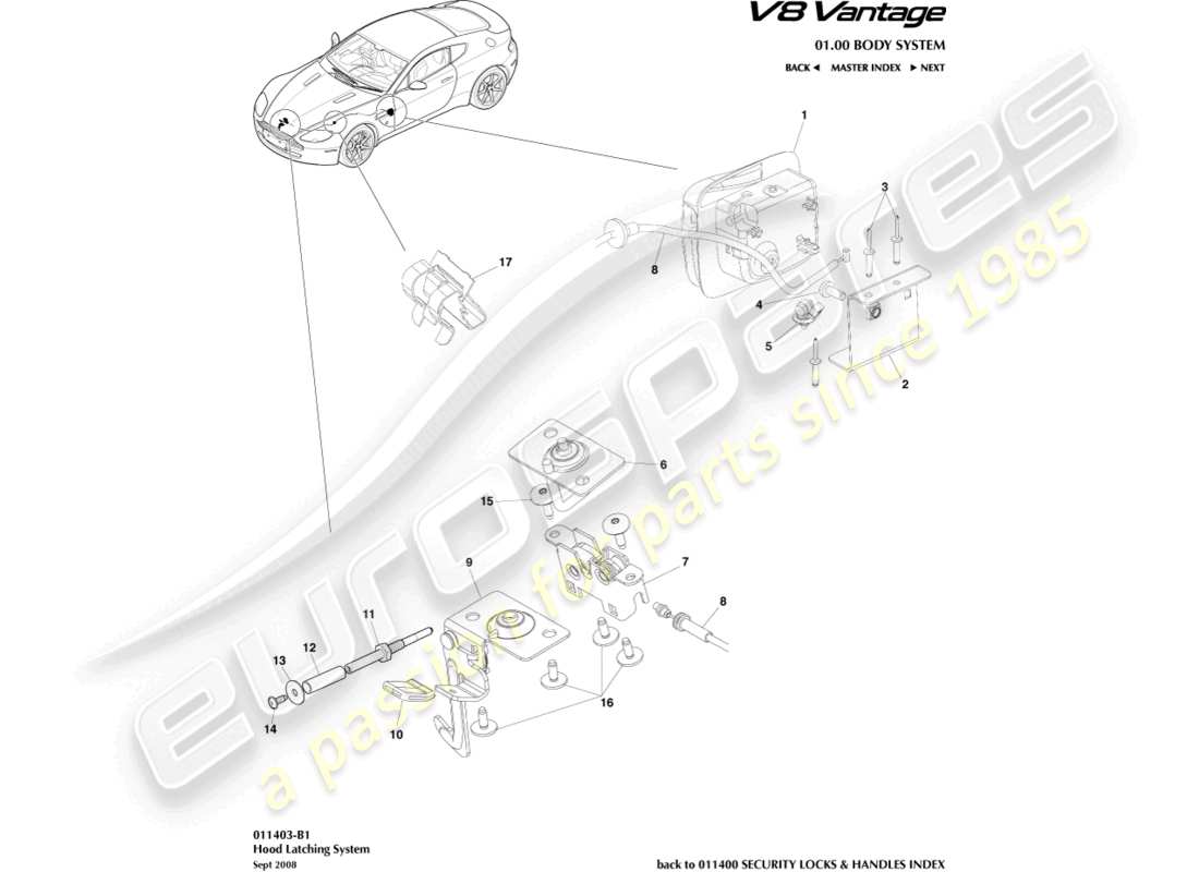 aston martin v8 vantage (2012) schema delle parti del sistema di chiusura del cofano