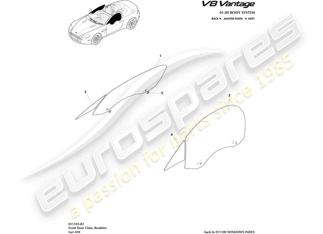 aston martin v8 vantage (2014) vetro della portiera, diagramma delle parti della roadster