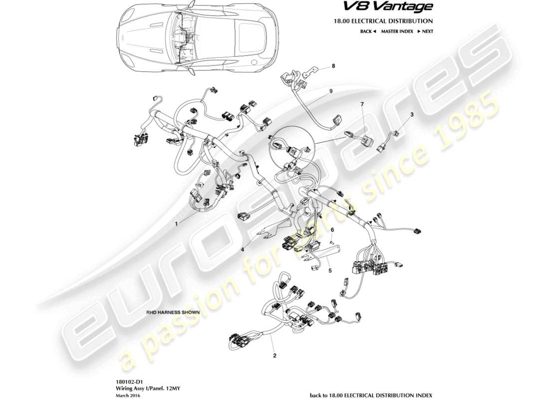 aston martin v8 vantage (2006) cablaggio ip, diagramma delle parti 12my