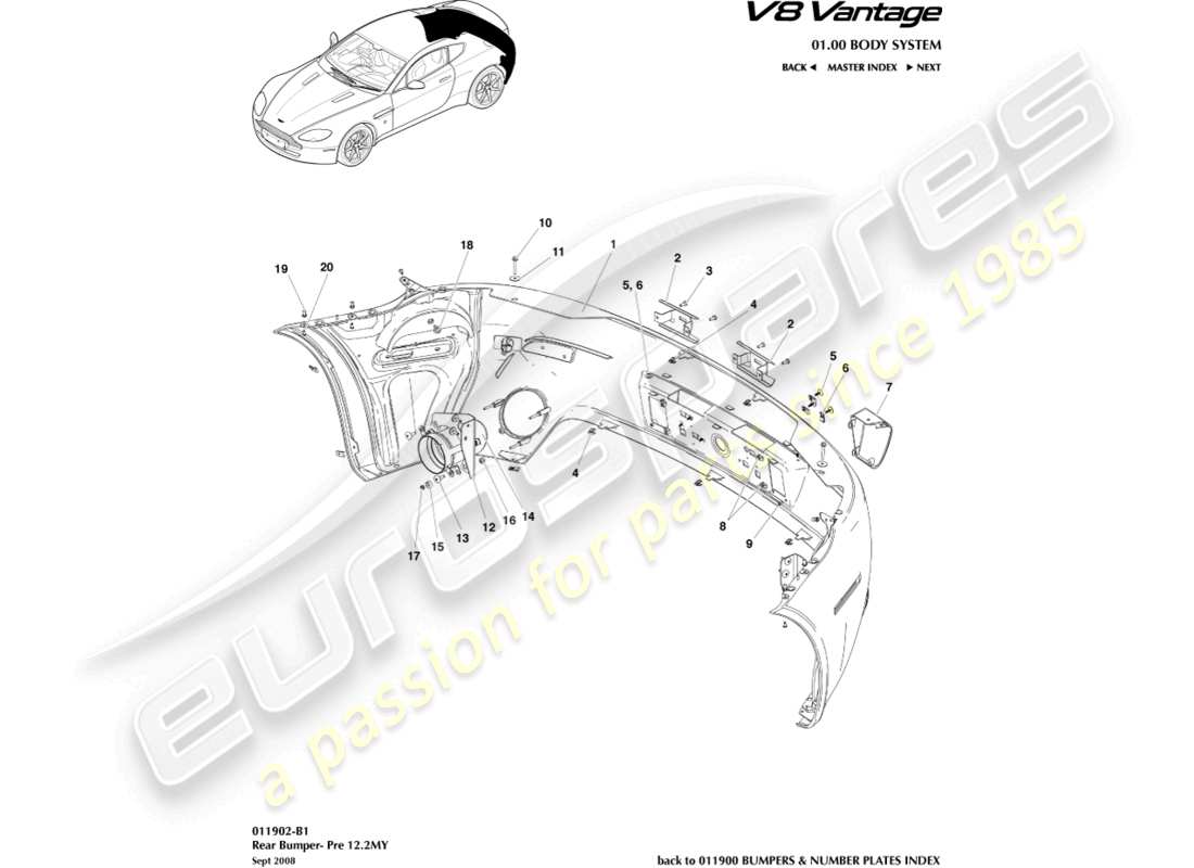 aston martin v8 vantage (2006) paraurti posteriore, allo schema delle parti 12.25my