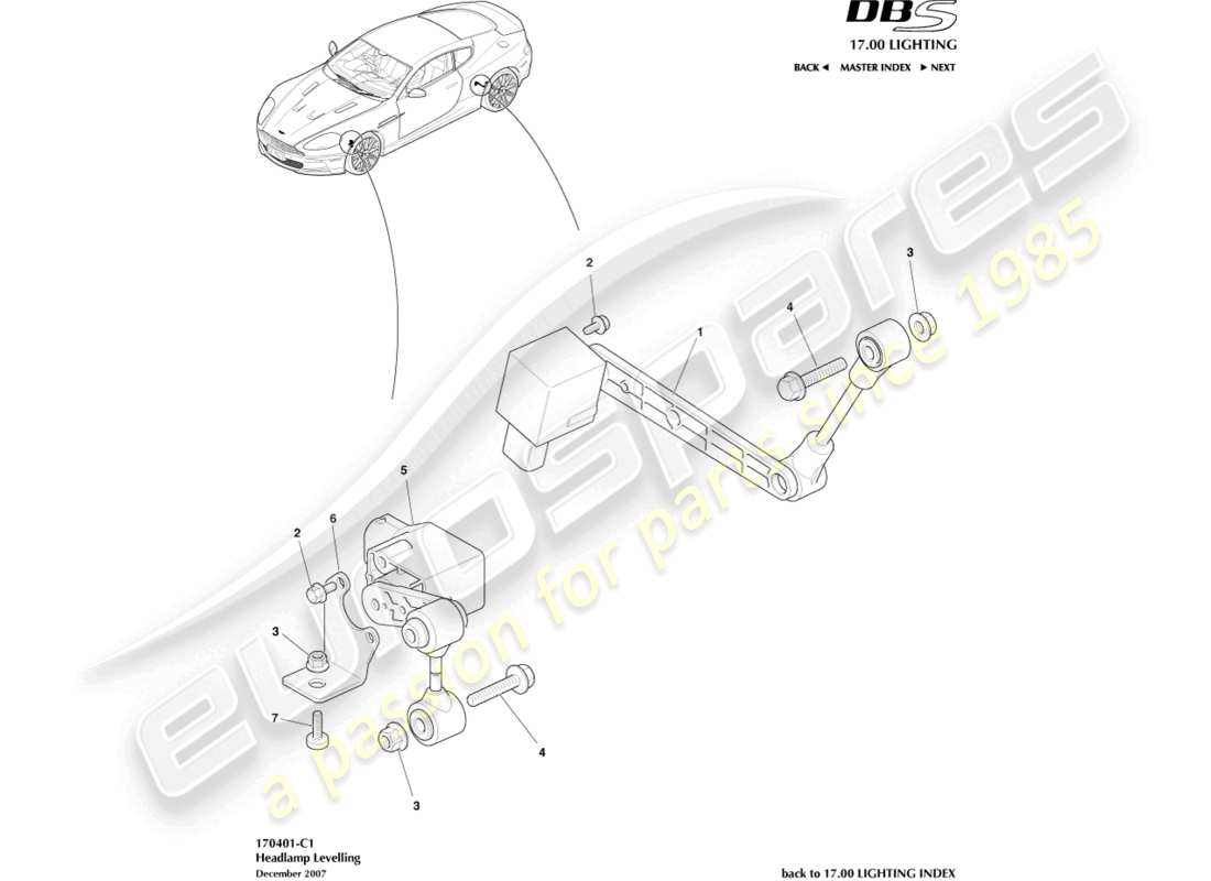 aston martin dbs (2009) livellamento dei fari diagramma delle parti